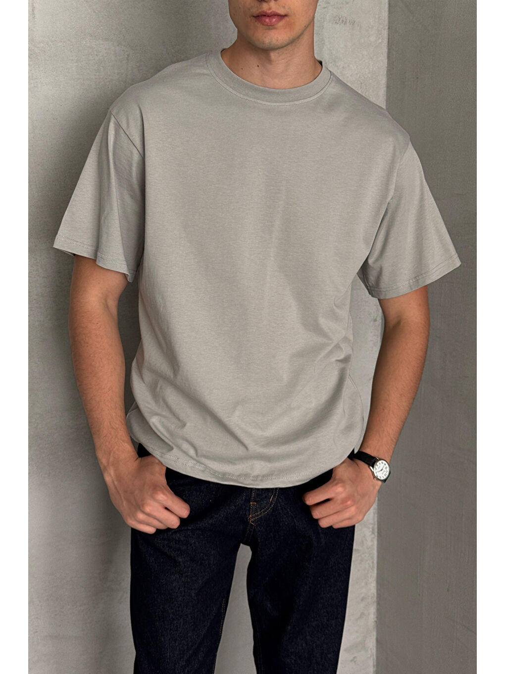 Gri Erkek %100 Pamuk Oversize Basic T-shirt-1
