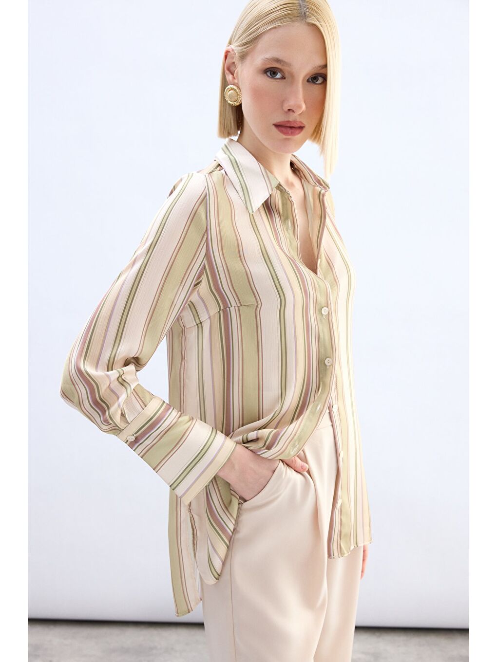 Renkli Çizgili Gömlek - Yağ Yeşili-1