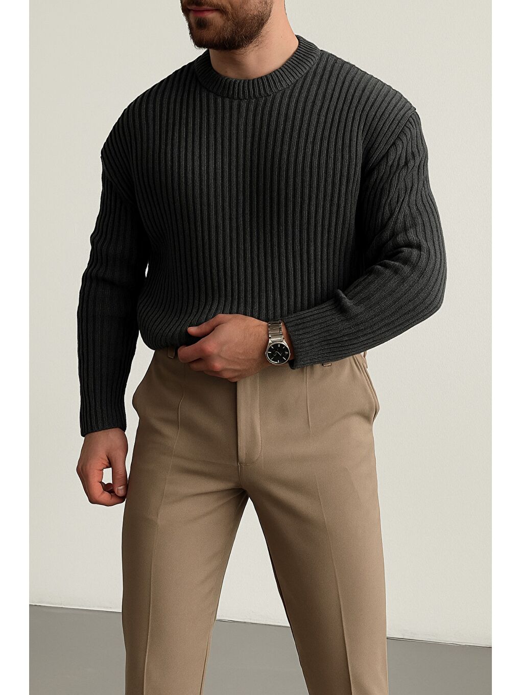 Gri Erkek Fitilli Örme Regular Triko Kazak