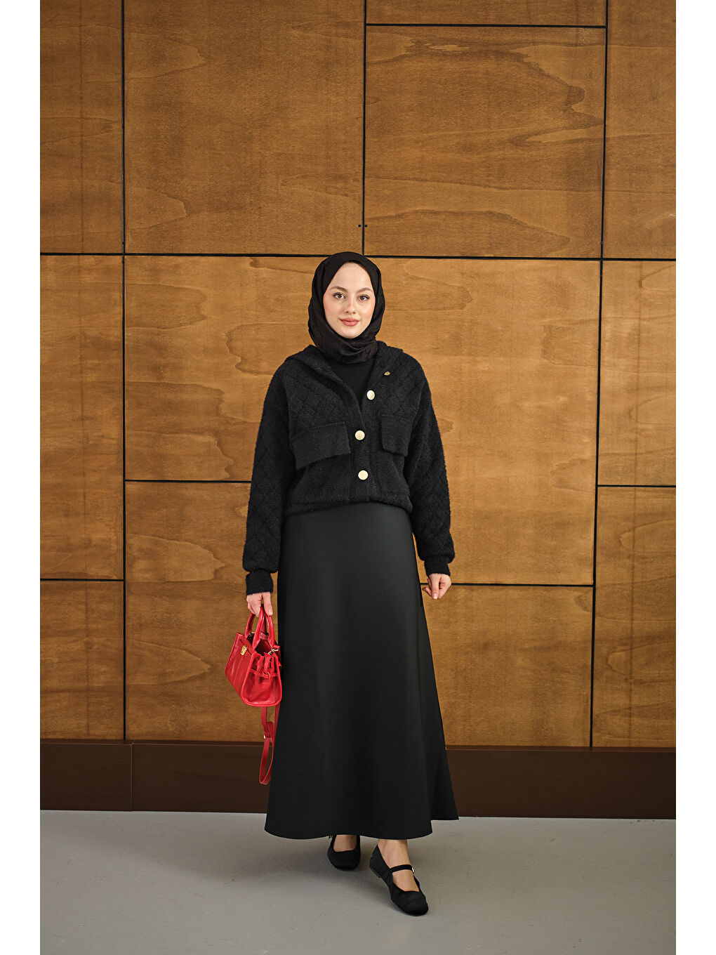 Kadın Kendinden Desenli Kapüşonlu Hırka Siyah-1