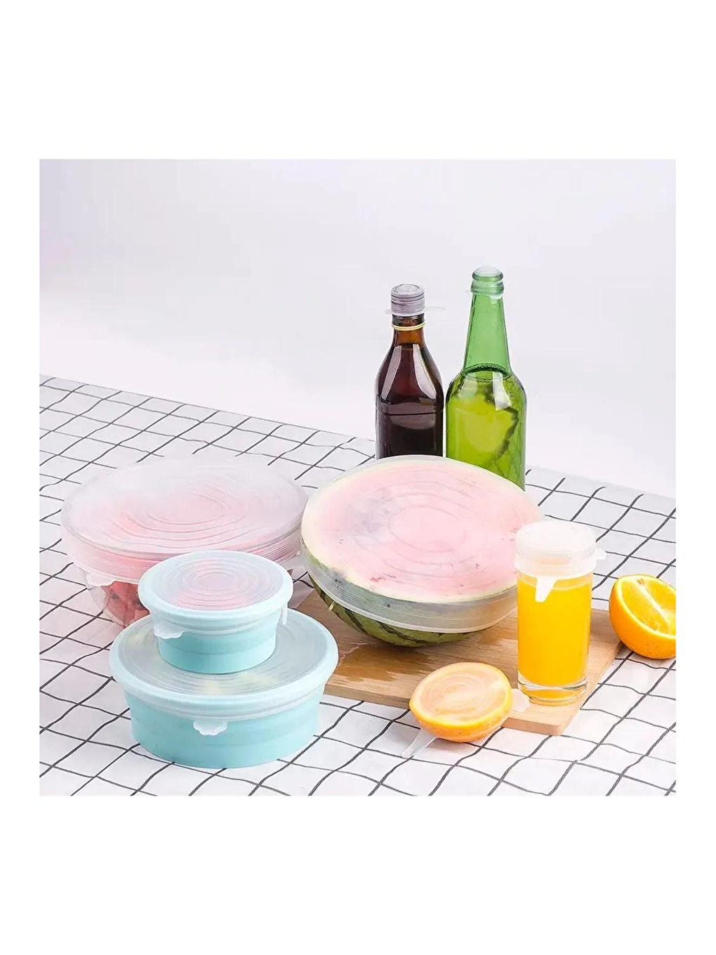 Renksiz Silikon Dikdörtgen-Yuvarlak-Kare Cam Saklama Kabı Kapakları ve 6'lı Esnek Silikon Kapak-7