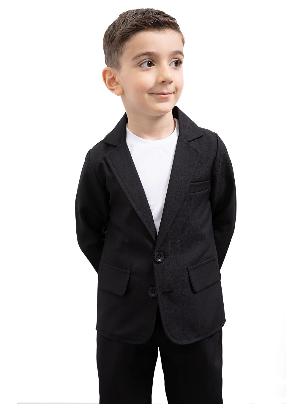 Siyah Keten Ceketli ve Pantolonlu Basic Tişörtlü Erkek Çocuk 3lü Takım Elbise 21201-3