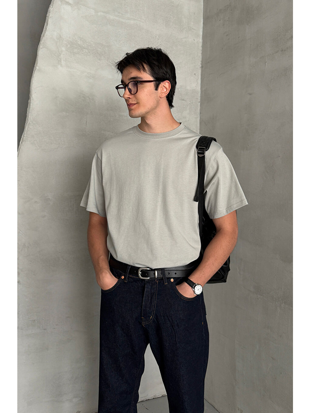 Gri Erkek %100 Pamuk Oversize Basic T-shirt-3