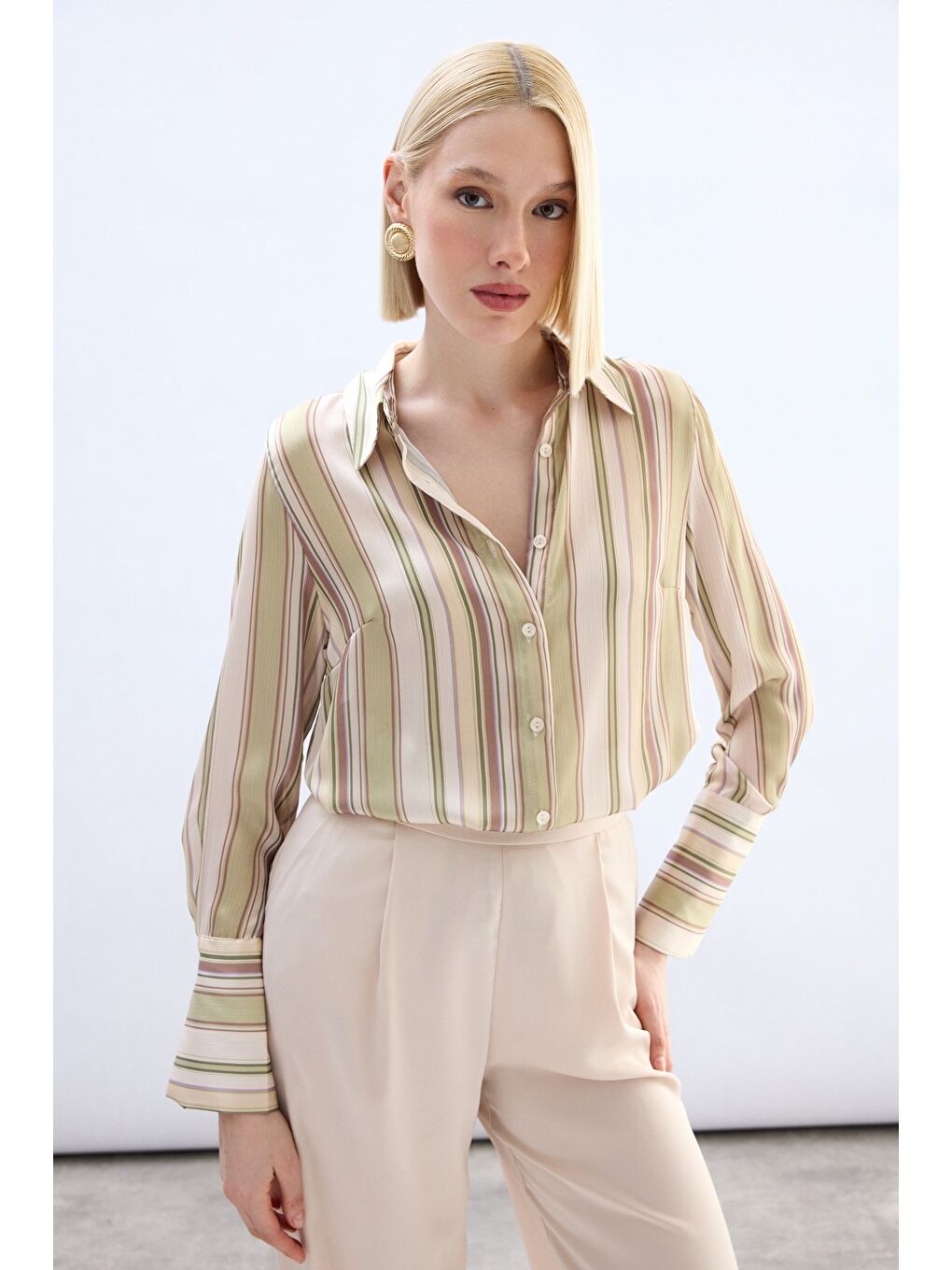 Renkli Çizgili Gömlek - Yağ Yeşili-2