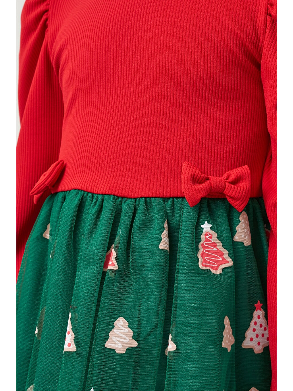 Yeşil Eteği Çam Ağaçlı Kız Çocuk Elbise - Nomi-5