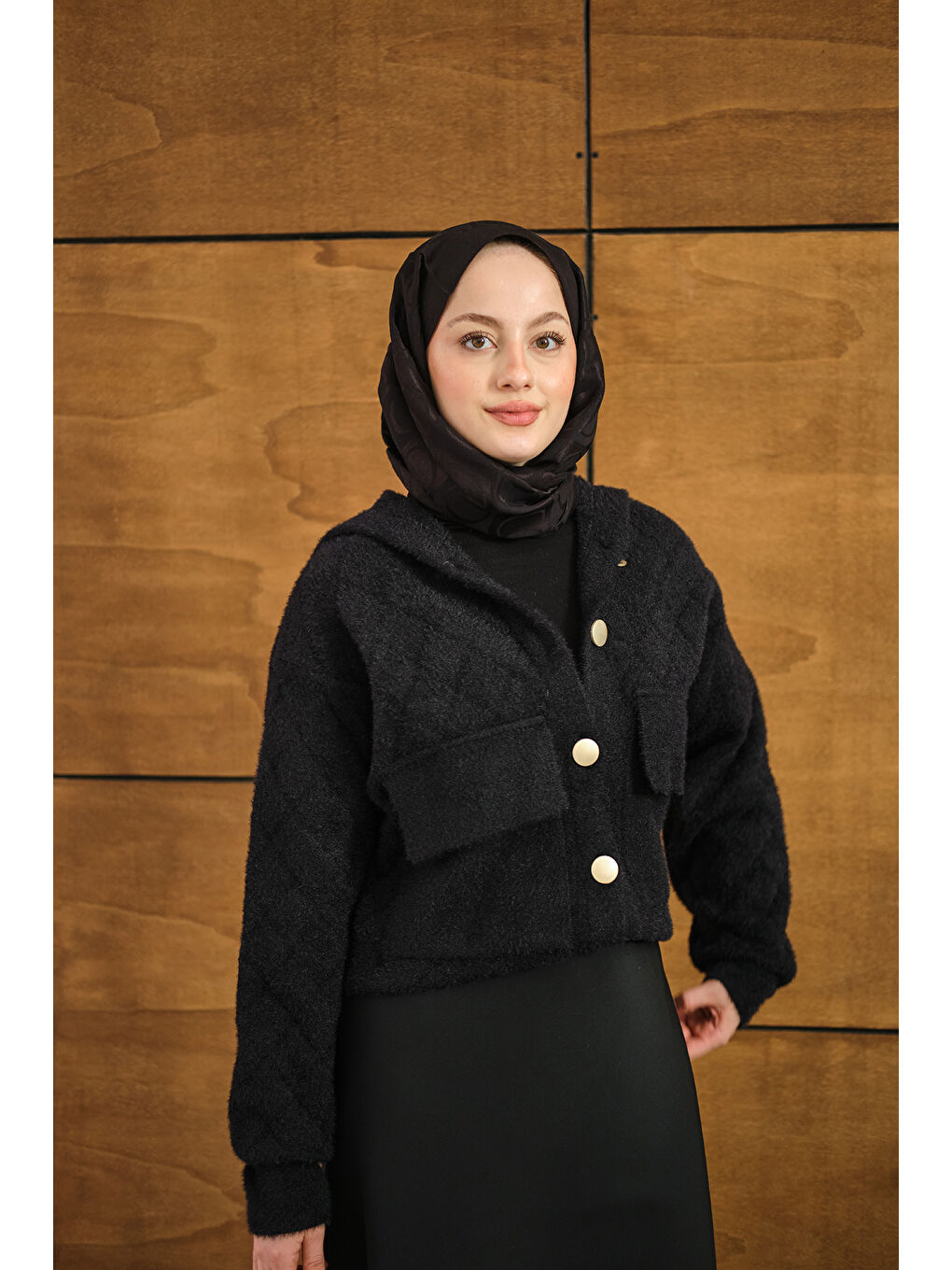 Kadın Kendinden Desenli Kapüşonlu Hırka Siyah-2