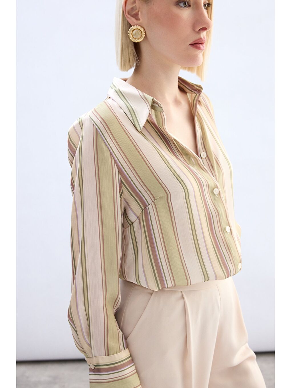 Renkli Çizgili Gömlek - Yağ Yeşili-3