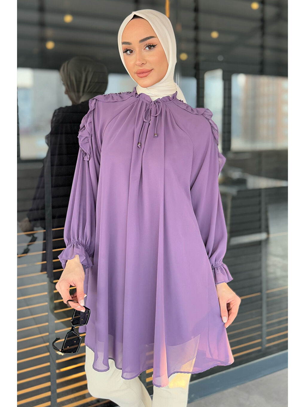 Mor Tesettür Güpürlü İncili Piliseli Şifon Tunik-3