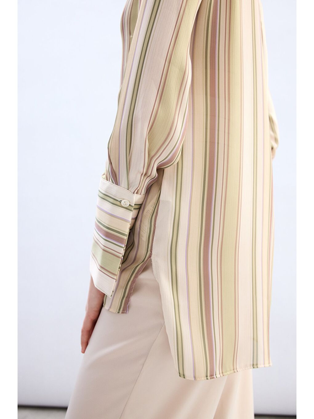 Renkli Çizgili Gömlek - Yağ Yeşili-4