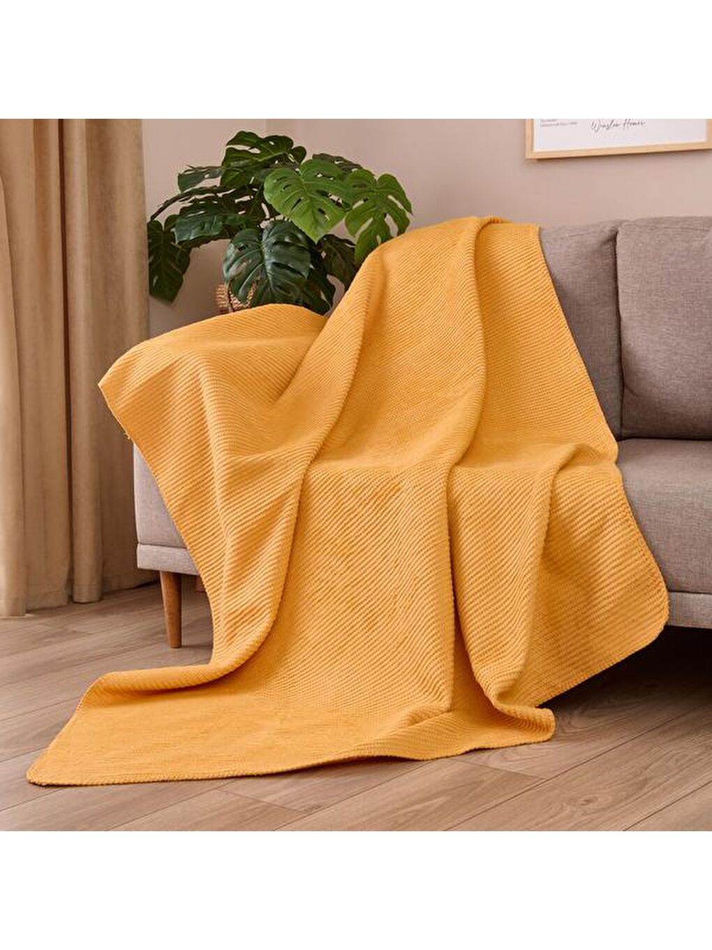 Kahverengi Soft Moza Pamuklu Tv Battaniyesi - Hardal - 130x170 cm