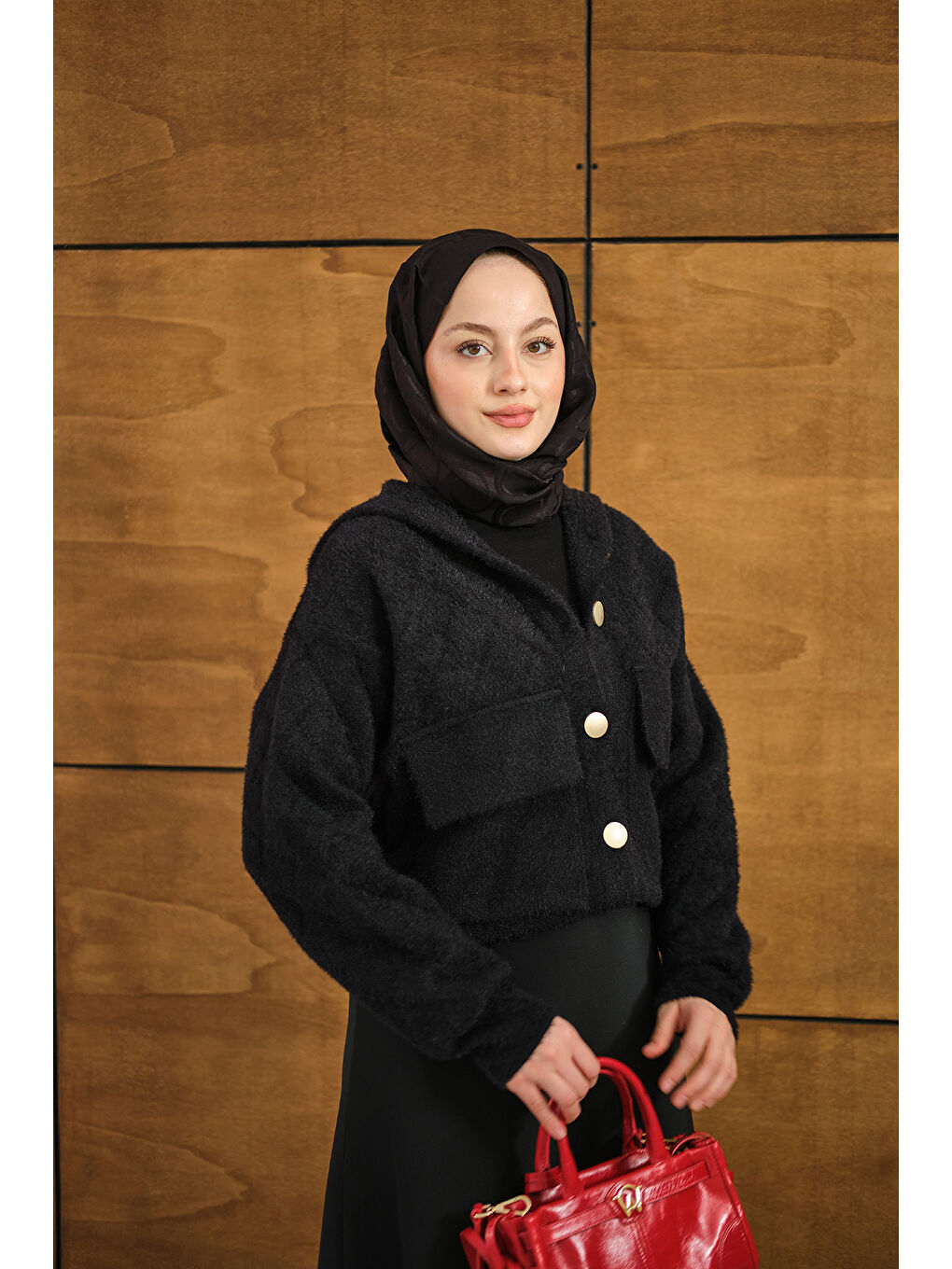 Kadın Kendinden Desenli Kapüşonlu Hırka Siyah-3