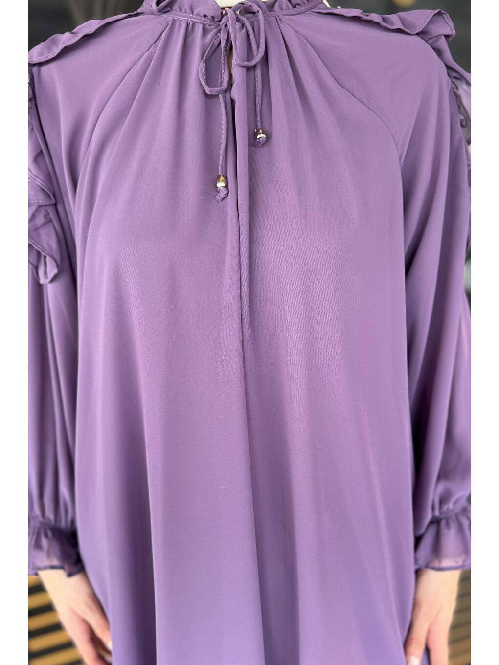 Mor Tesettür Güpürlü İncili Piliseli Şifon Tunik-4