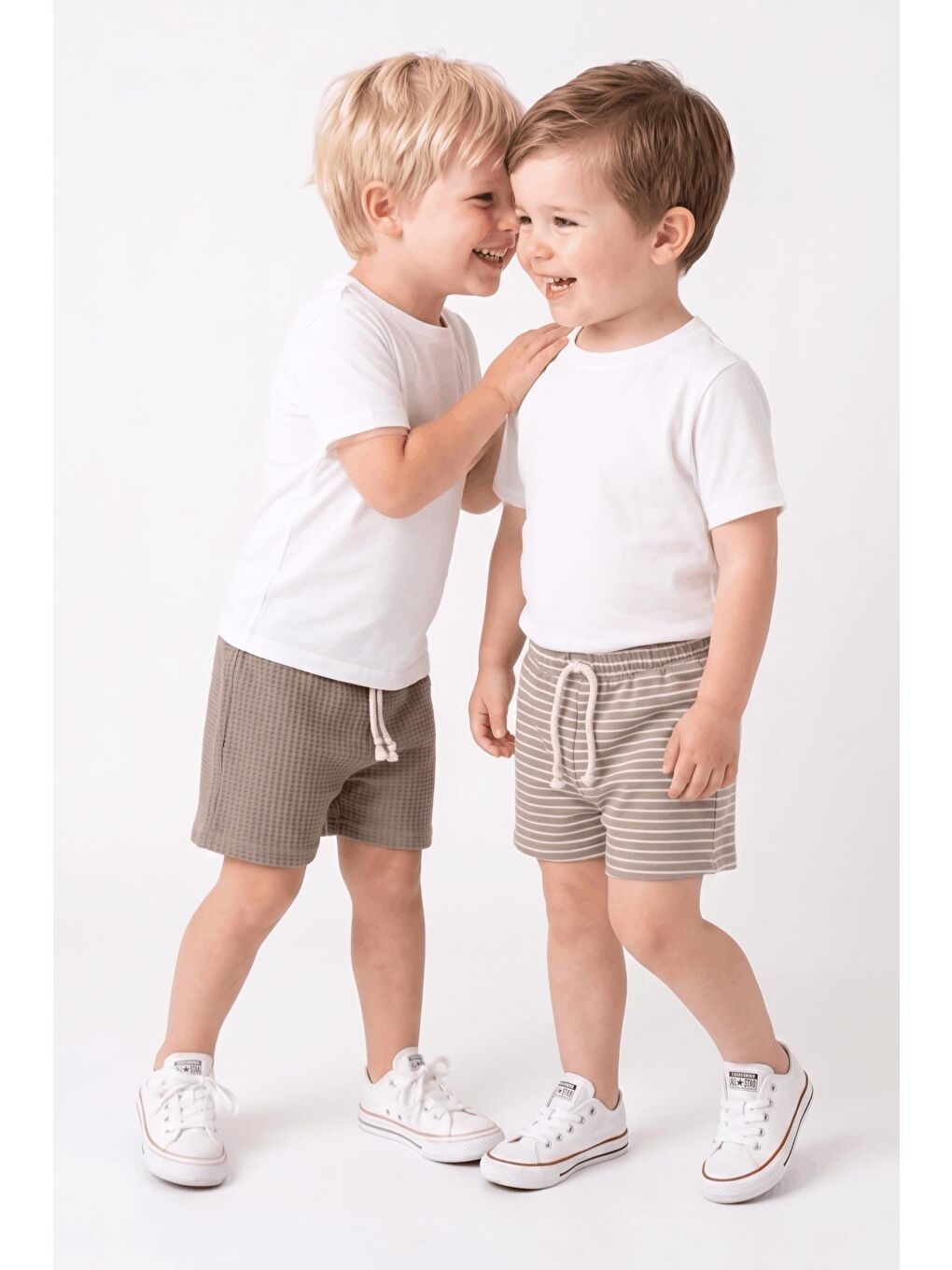 Bej Elastanlı Kabartma Çizgili 2li Şort Paket