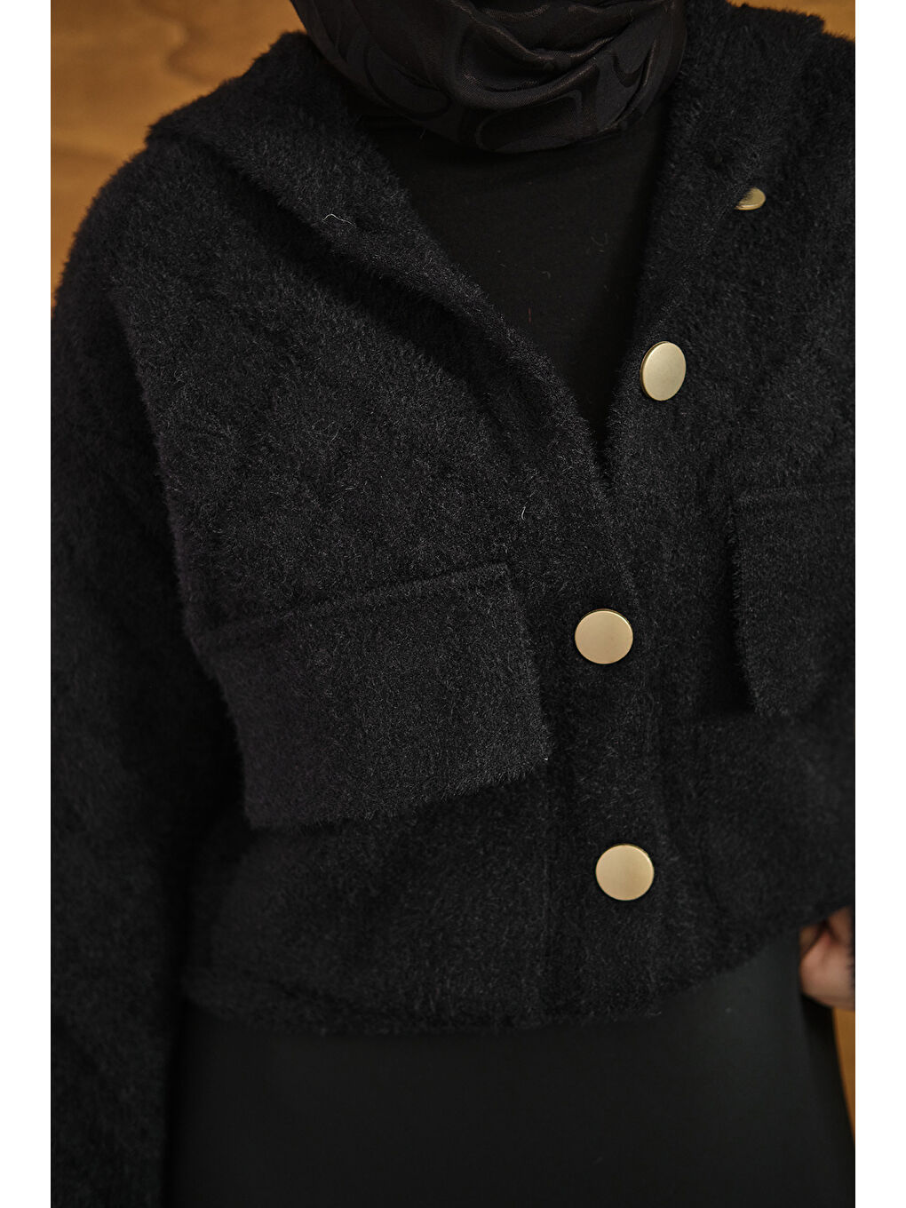 Kadın Kendinden Desenli Kapüşonlu Hırka Siyah-4