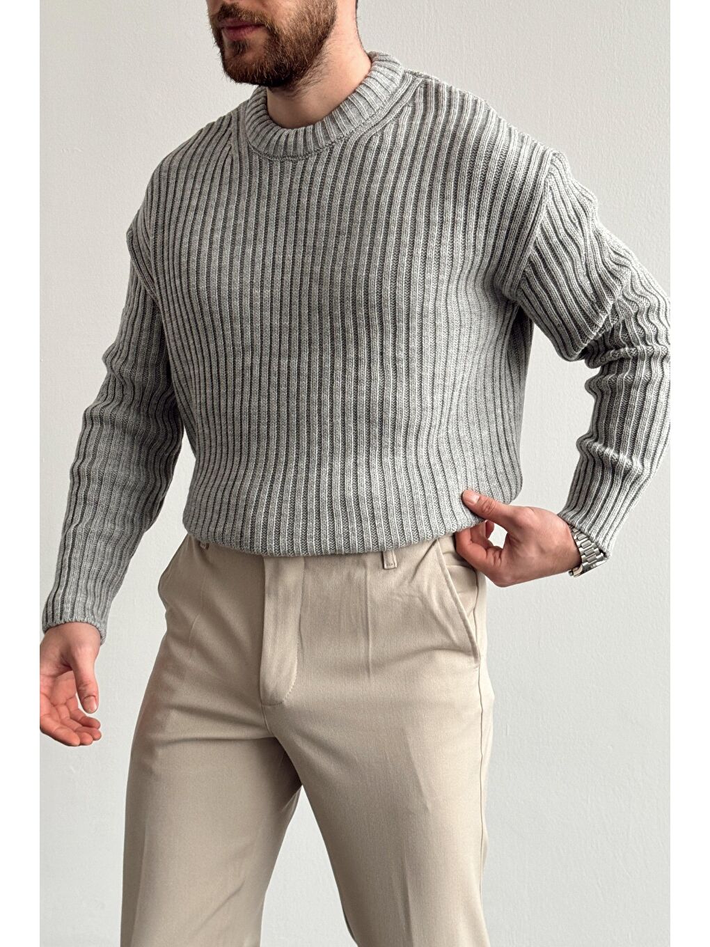 Gri Erkek Fitilli Örme Regular Triko Kazak-1