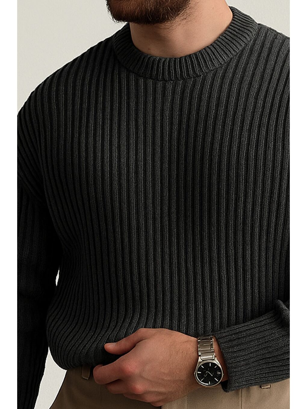 Gri Erkek Fitilli Örme Regular Triko Kazak-1