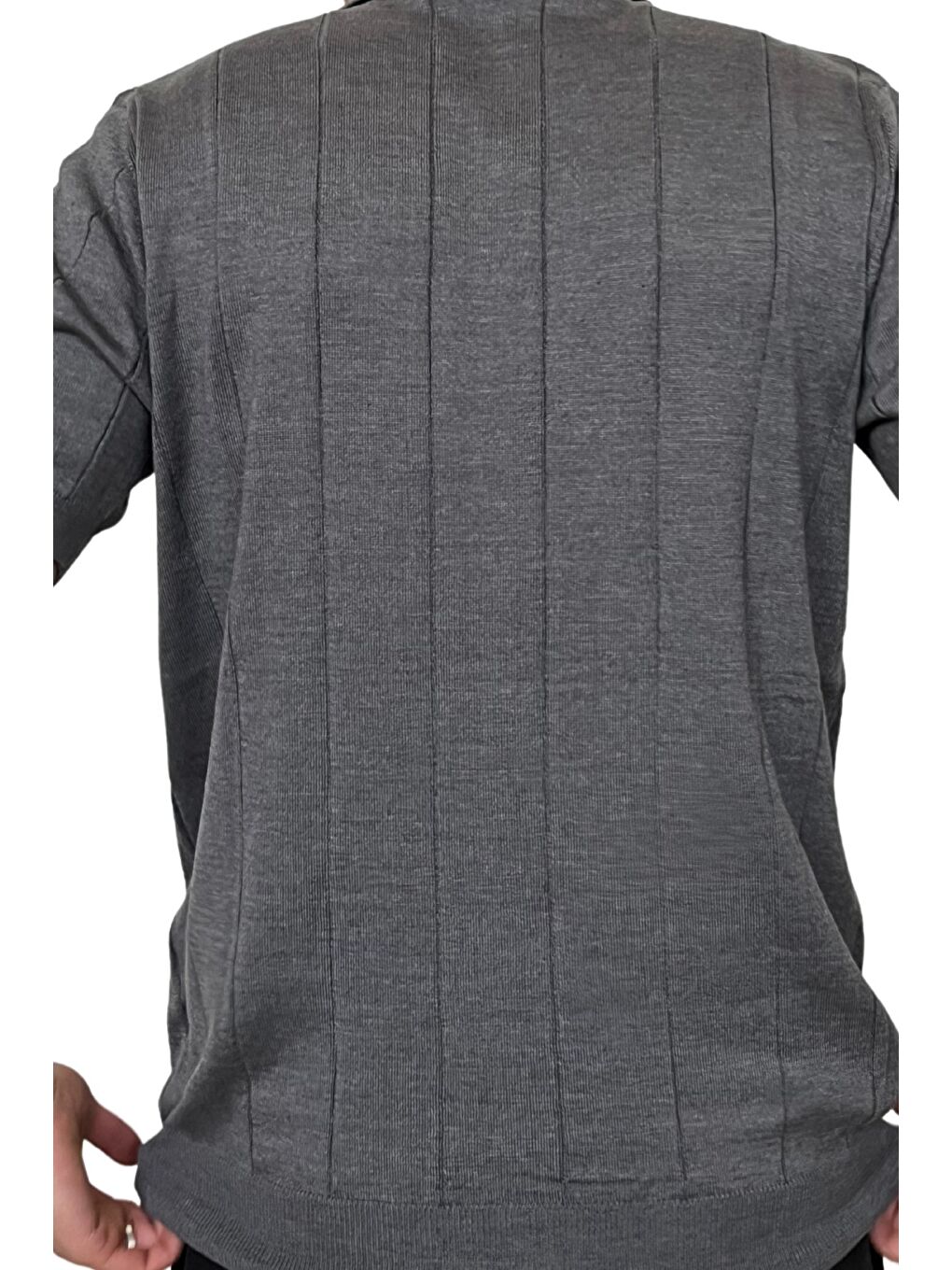 Gri Erkek Çizgili Kısa Kollu Triko T-Shirt-1