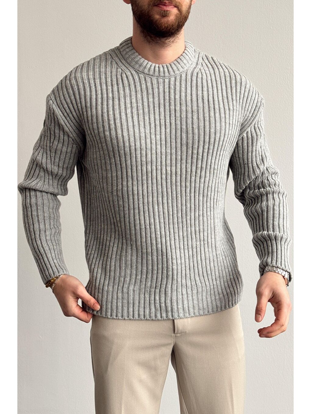 Gri Erkek Fitilli Örme Regular Triko Kazak-2