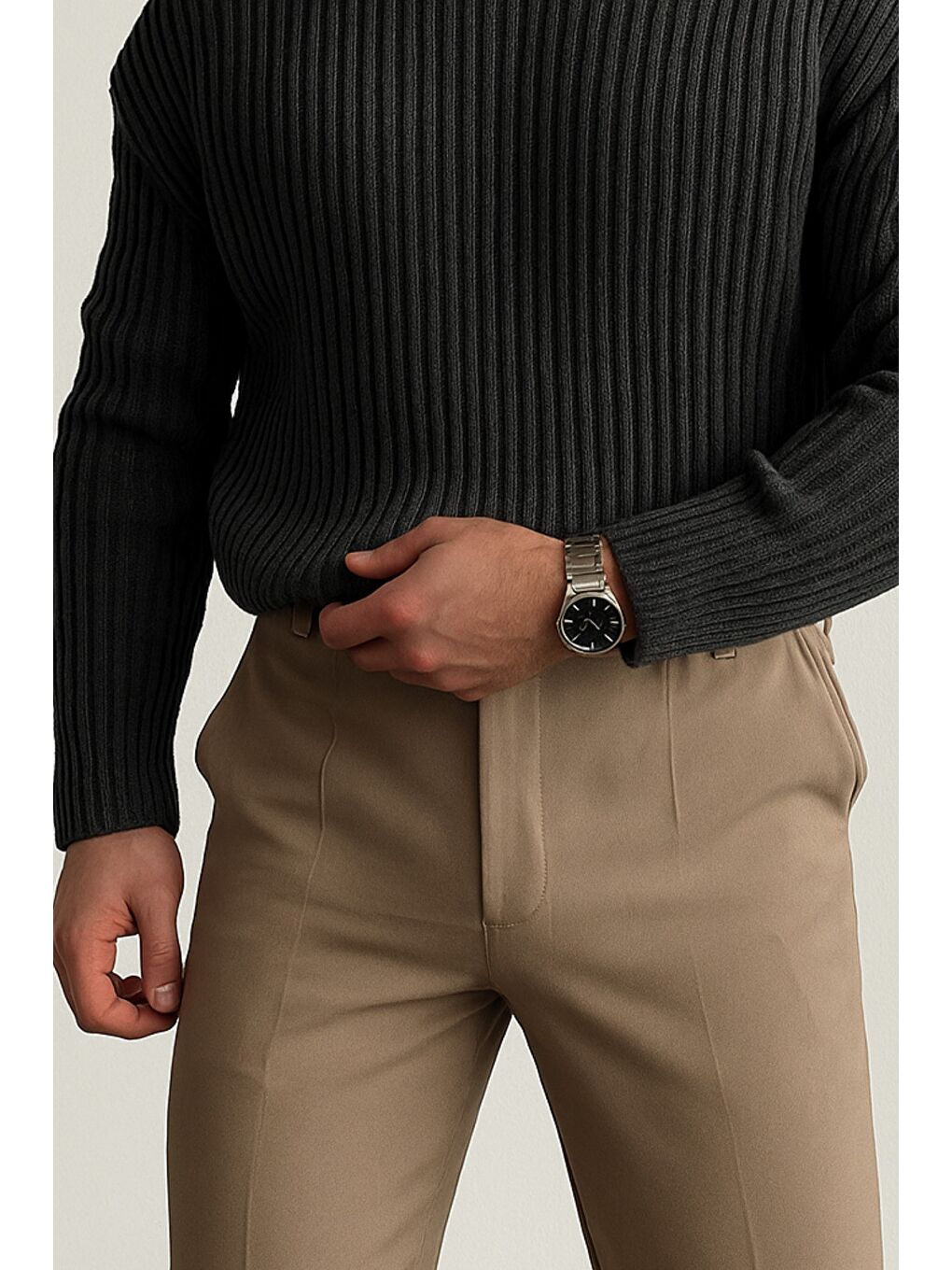 Gri Erkek Fitilli Örme Regular Triko Kazak-2