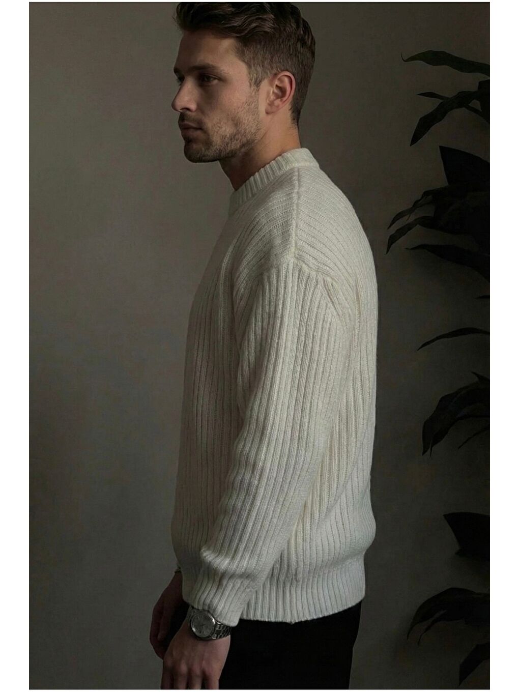 Beyaz Erkek Fitilli Örme Regular Triko Kazak-1