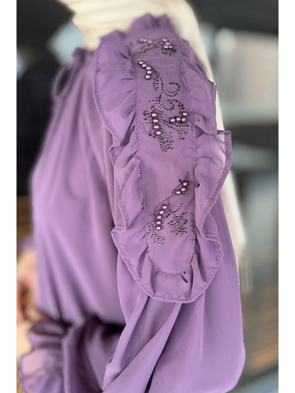Mor Tesettür Güpürlü İncili Piliseli Şifon Tunik-6