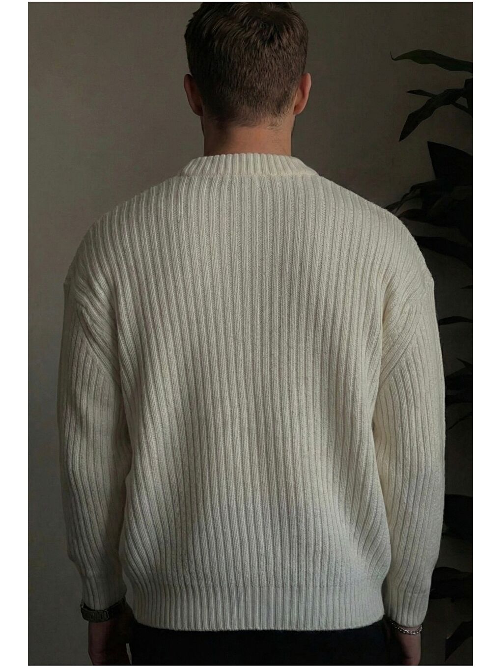 Beyaz Erkek Fitilli Örme Regular Triko Kazak-2