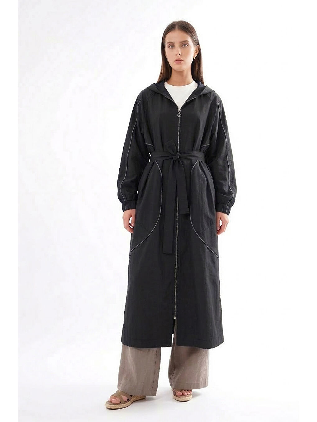 Kolu ve Önü Fermuar Detaylı Kapüşonlu Safari Kap Ceket 816 Siyah-1