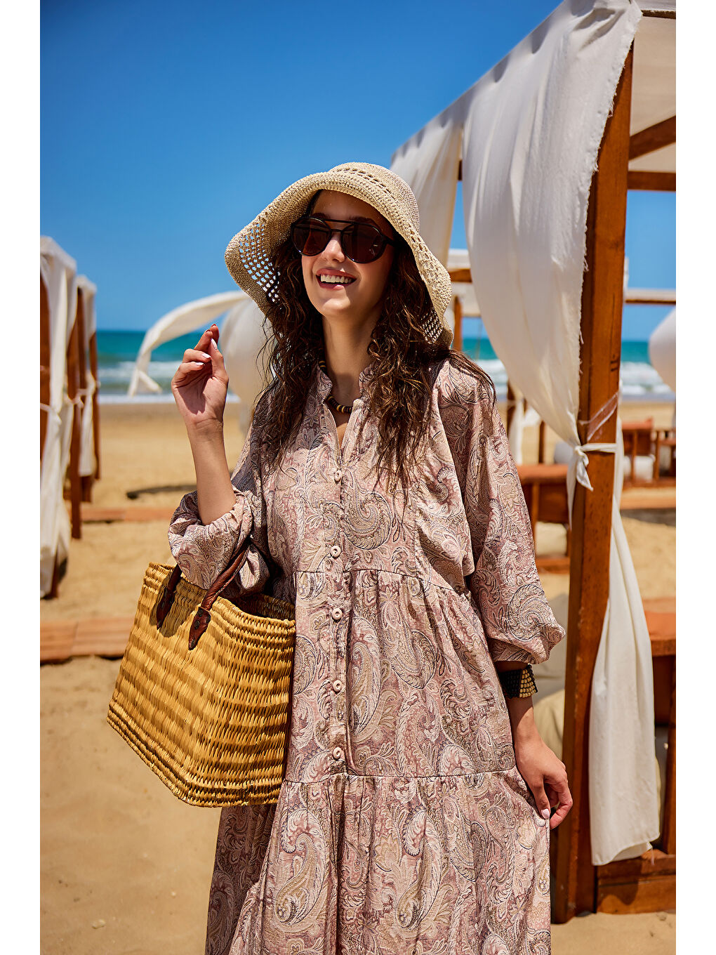 Bej Kadın Cassime Desenli Elbise Vizon-2