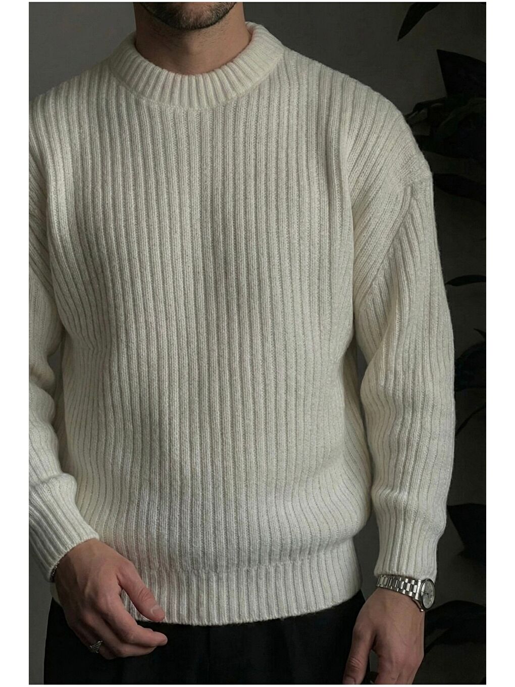 Beyaz Erkek Fitilli Örme Regular Triko Kazak-3