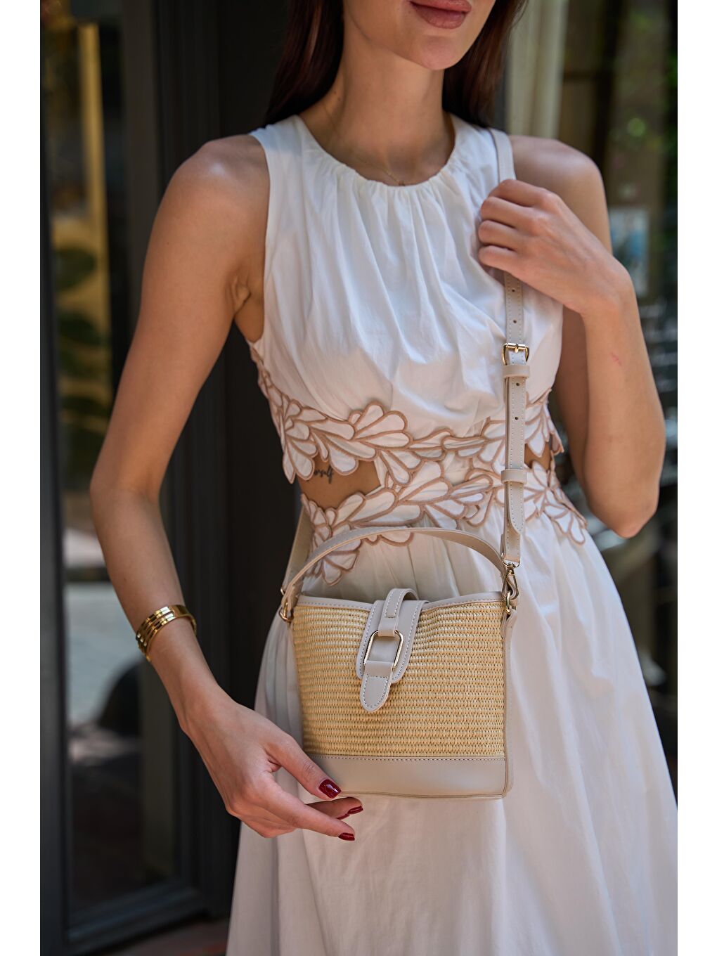 Ekru Modern Tasarım Tokalı El Ve Omuz Çantası Krem Hasır-1