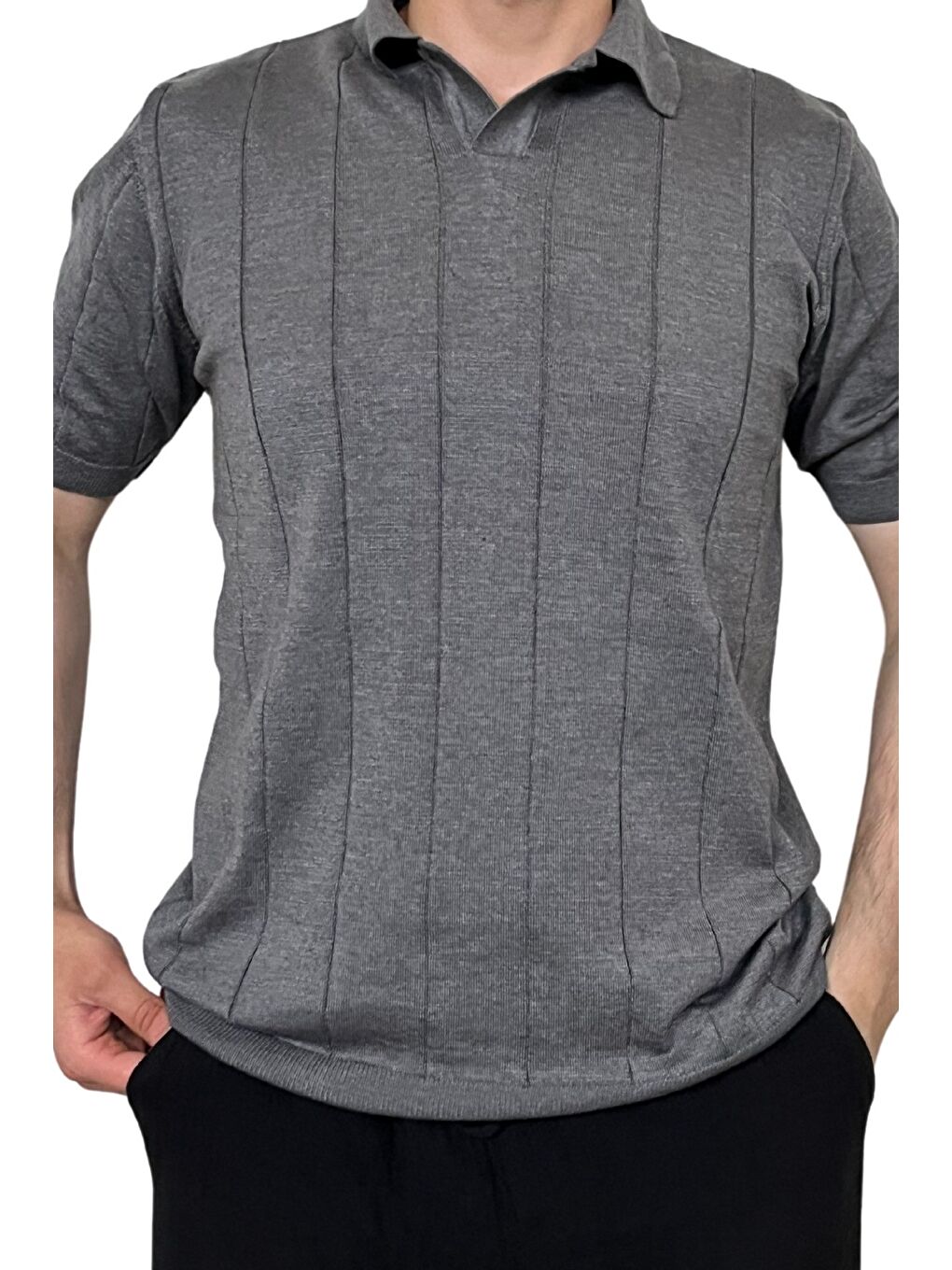 Gri Erkek Çizgili Kısa Kollu Triko T-Shirt-2