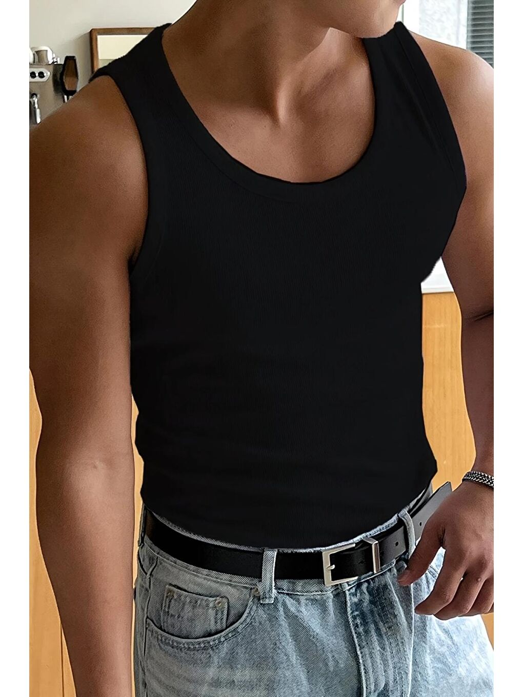 Siyah Wove 2 Li Paket Slim Fit Esnek Elastanlı Fitilli Nefes Alabilen Kolsuz Tişört Sporcu Kolsuz Tişört