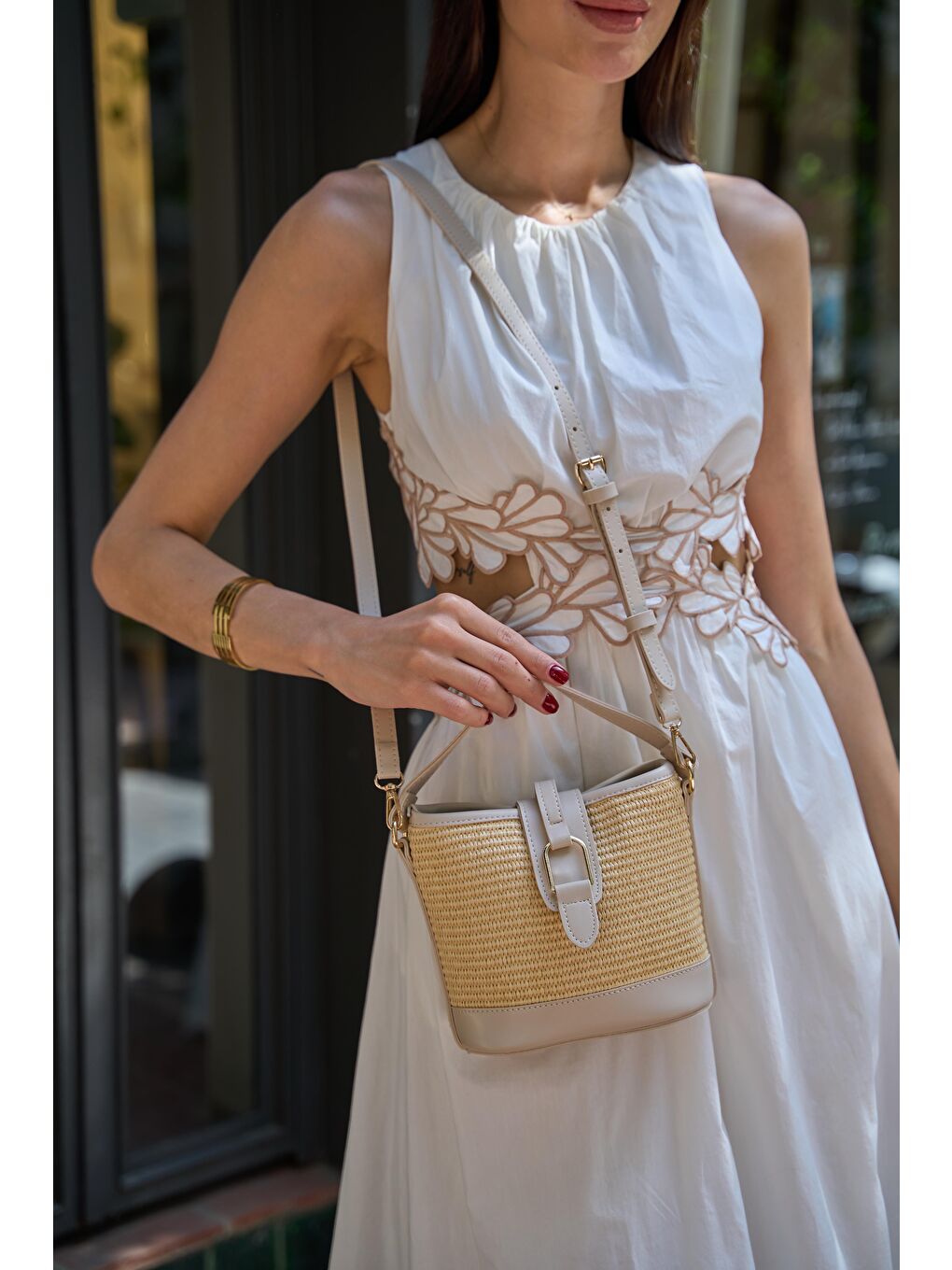 Ekru Modern Tasarım Tokalı El Ve Omuz Çantası Krem Hasır-3