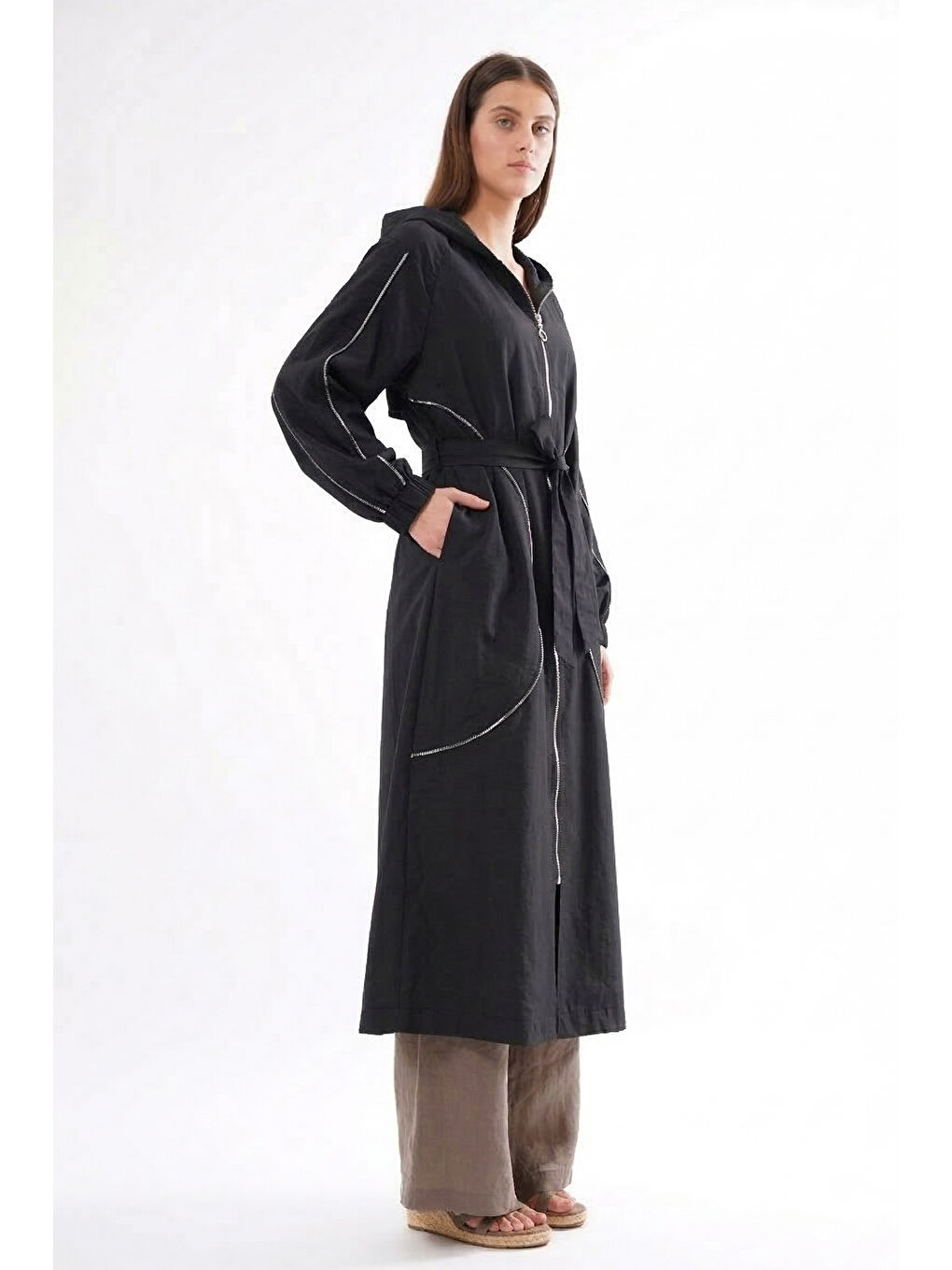 Kolu ve Önü Fermuar Detaylı Kapüşonlu Safari Kap Ceket 816 Siyah-2