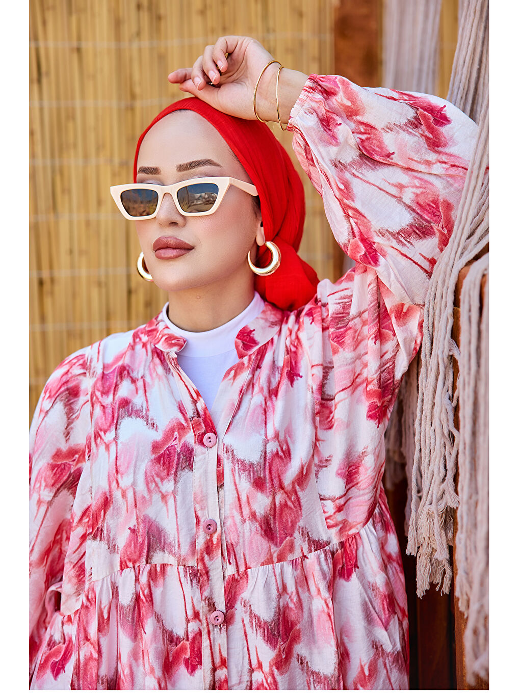 Kadın Fırça Desen Elbise Kırmızı-1