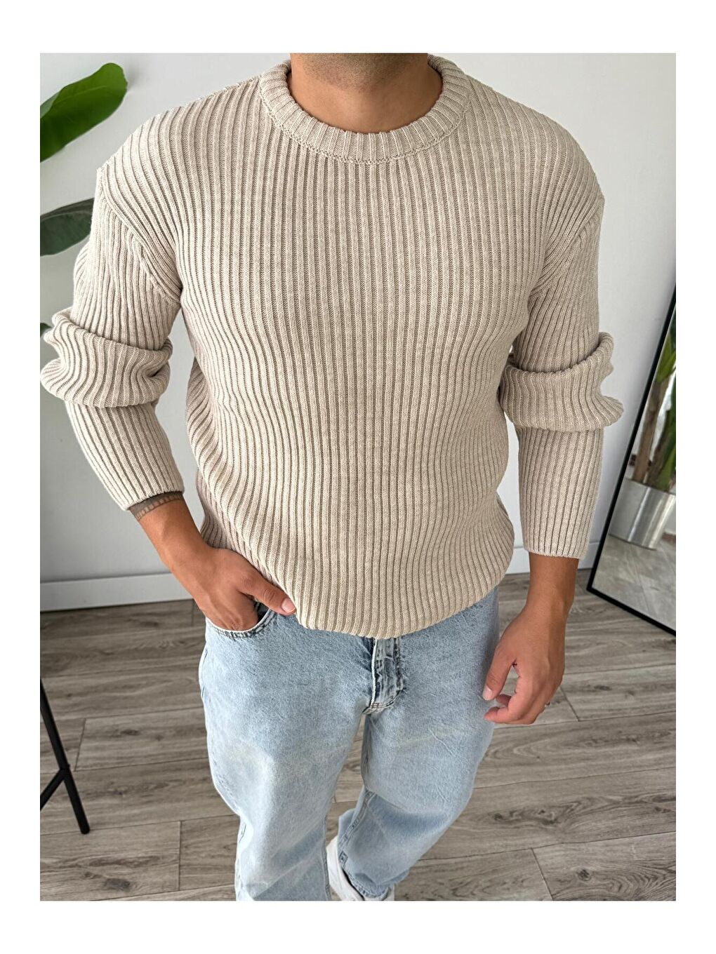 Bej Erkek Fitilli Örme Regular Triko Kazak