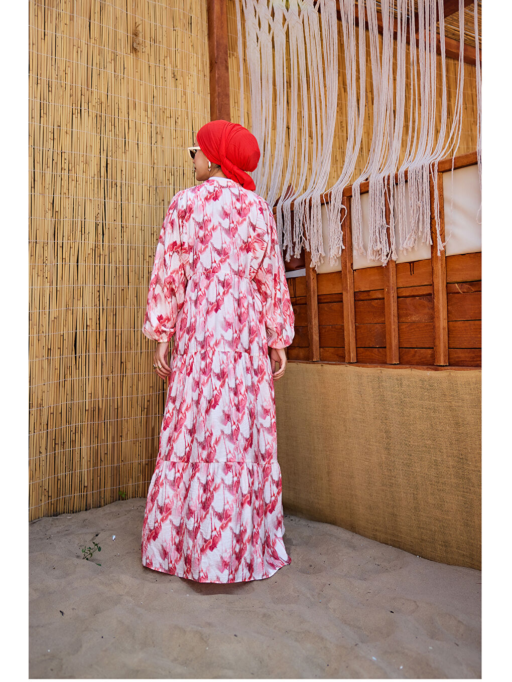 Kadın Fırça Desen Elbise Kırmızı-2