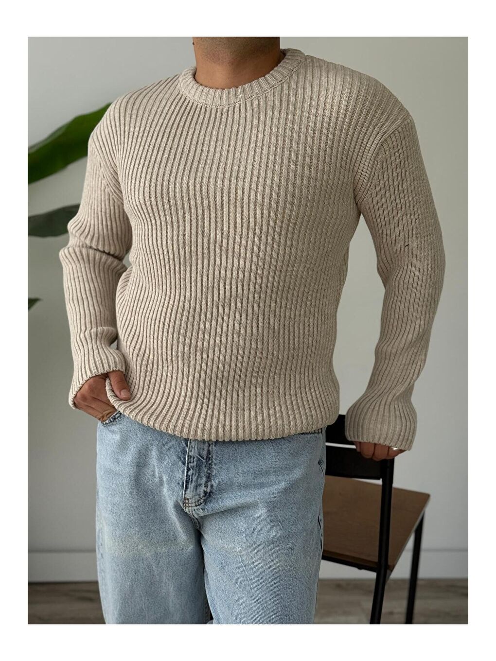 Bej Erkek Fitilli Örme Regular Triko Kazak-1