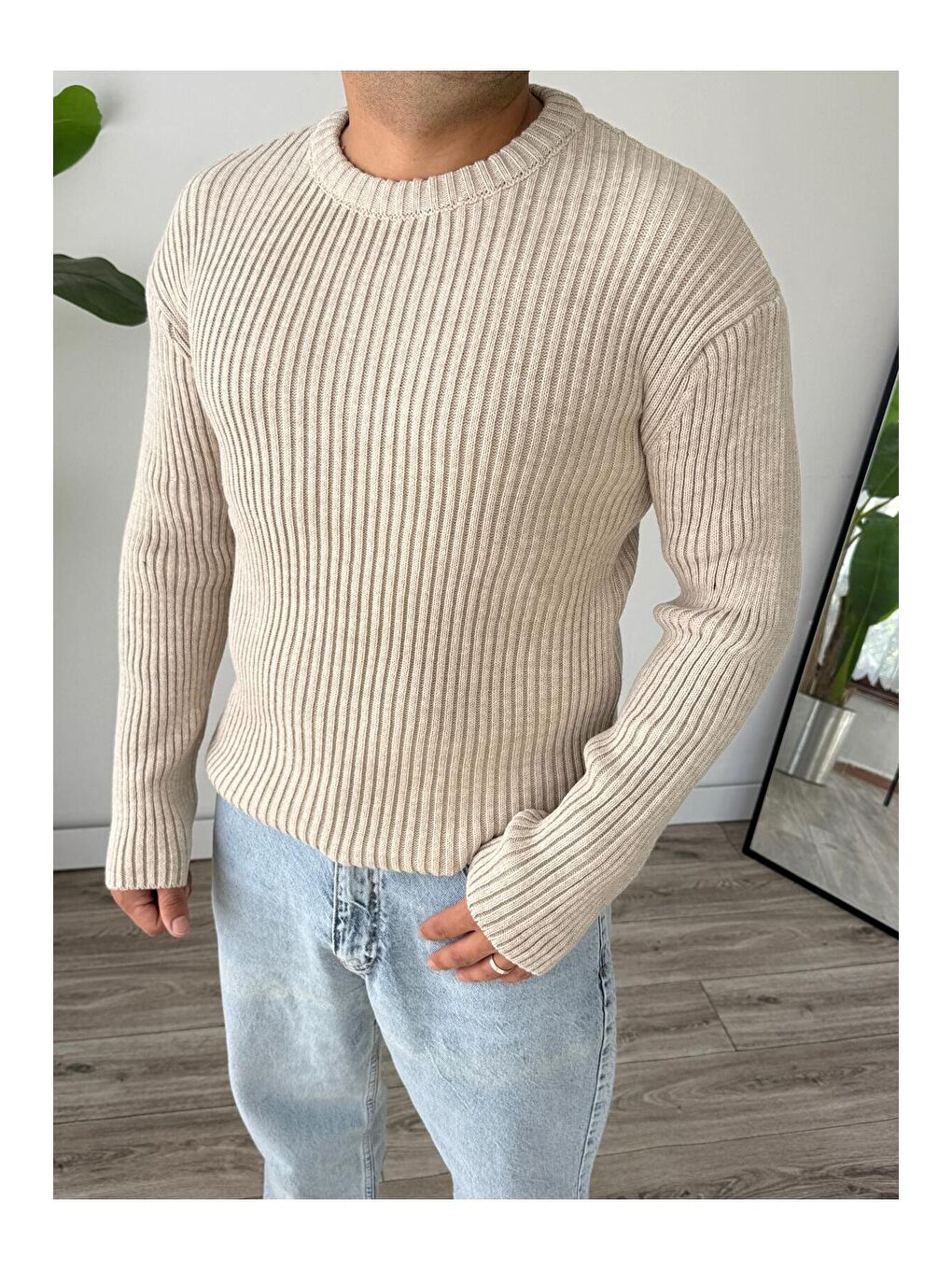 Bej Erkek Fitilli Örme Regular Triko Kazak-2