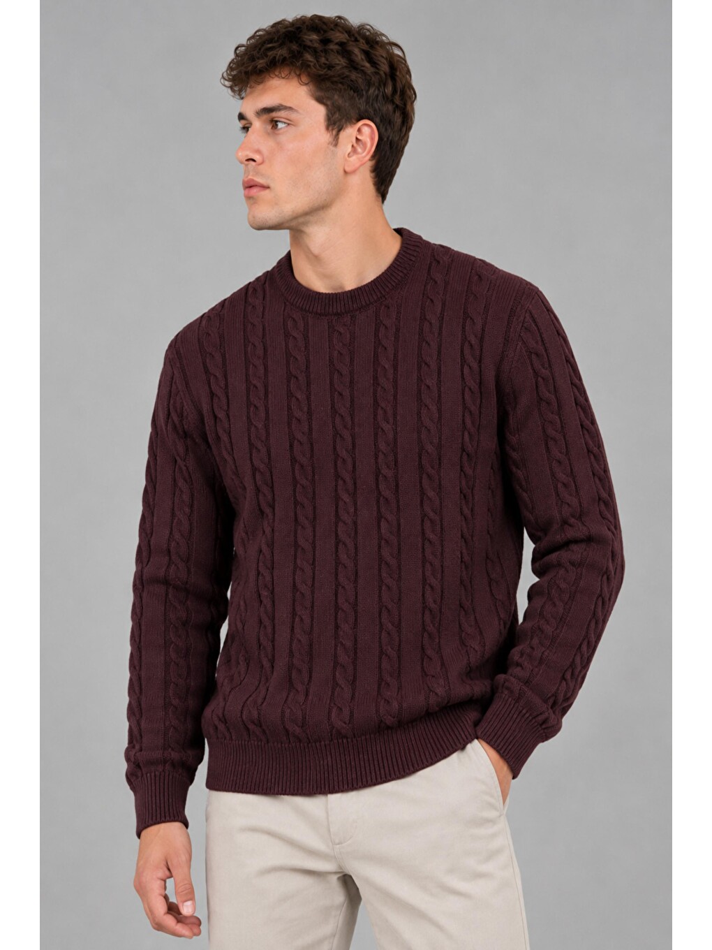 Bordo Desenli Örgü Sıfır Yaka Kazak Dp 16643_10065-1