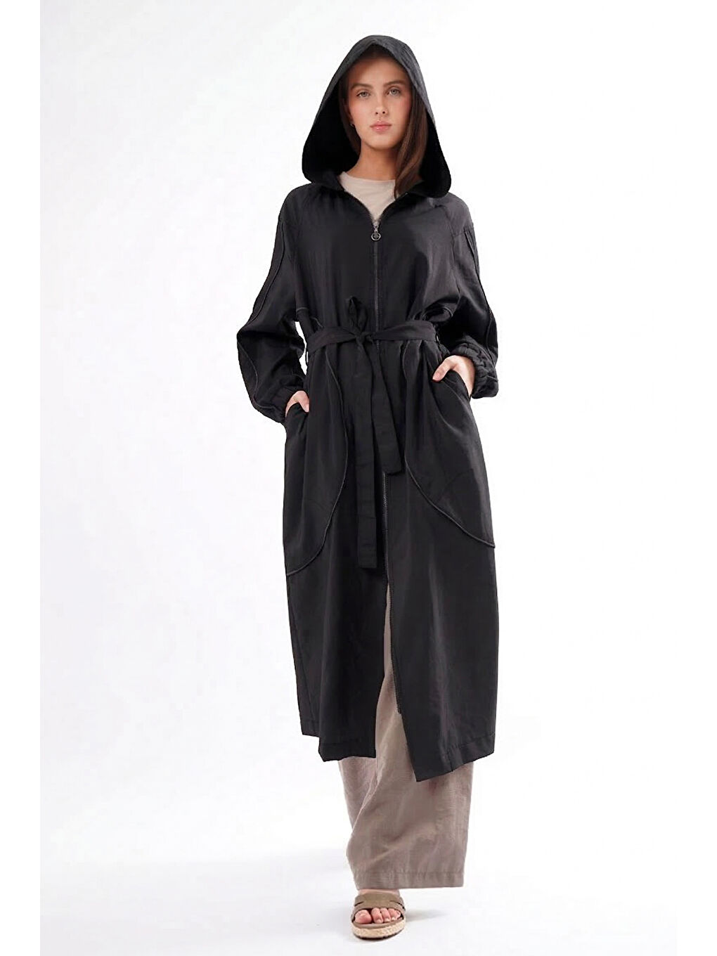 Kolu ve Önü Fermuar Detaylı Kapüşonlu Safari Kap Ceket 816 Siyah-3