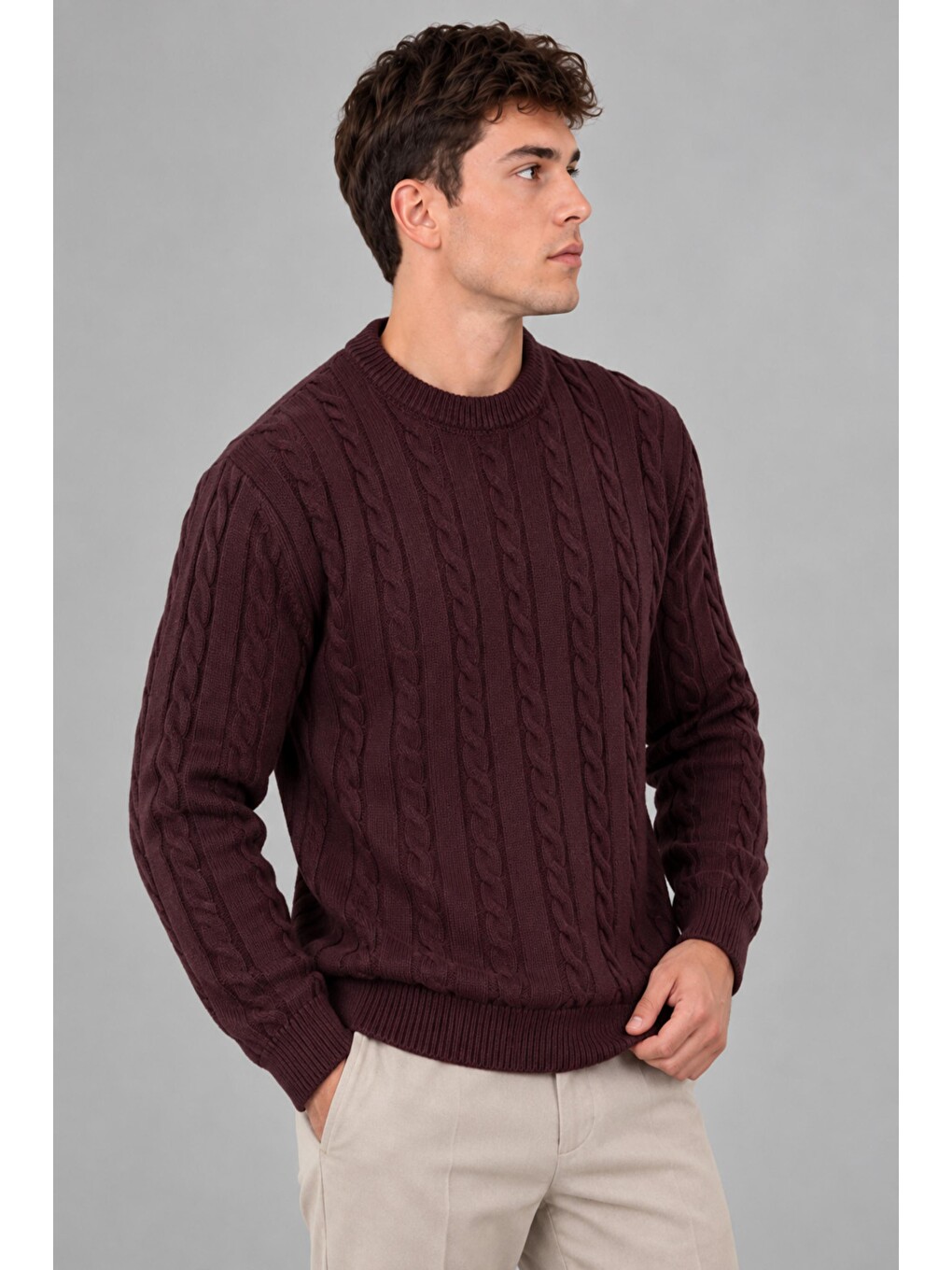 Bordo Desenli Örgü Sıfır Yaka Kazak Dp 16643_10065-2
