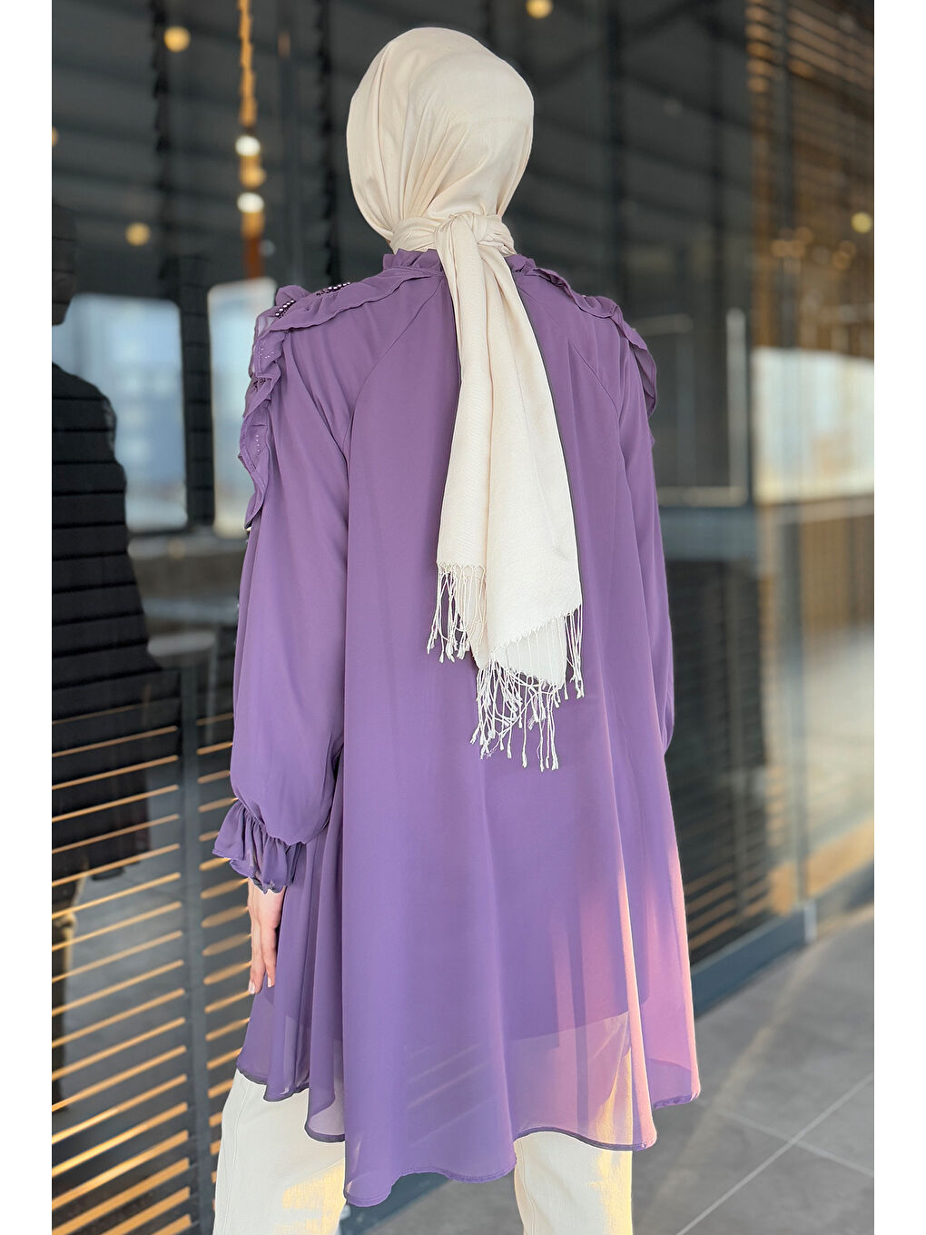 Mor Tesettür Güpürlü İncili Piliseli Şifon Tunik-8