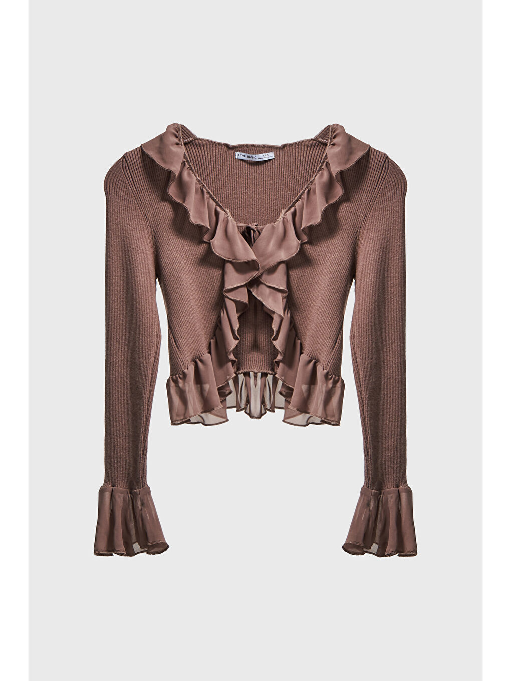 Kahverengi Kadın Taş Kahve Renk w5-82 BT25 Triko Örme Kumaş Şifon Detaylı Volanlı Hırka Bluz-1