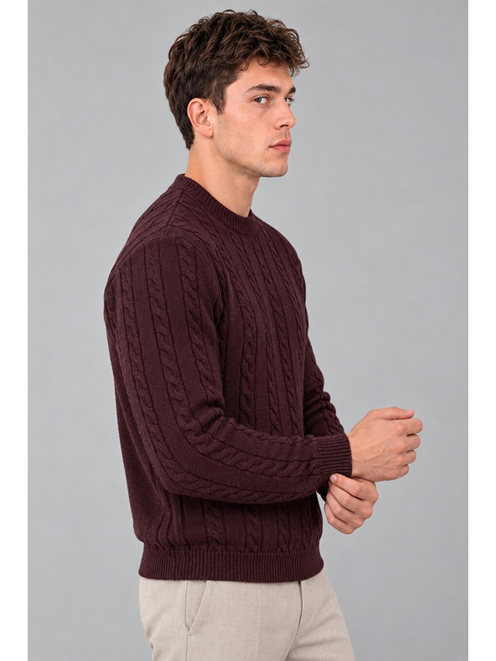 Bordo Desenli Örgü Sıfır Yaka Kazak Dp 16643_10065-3