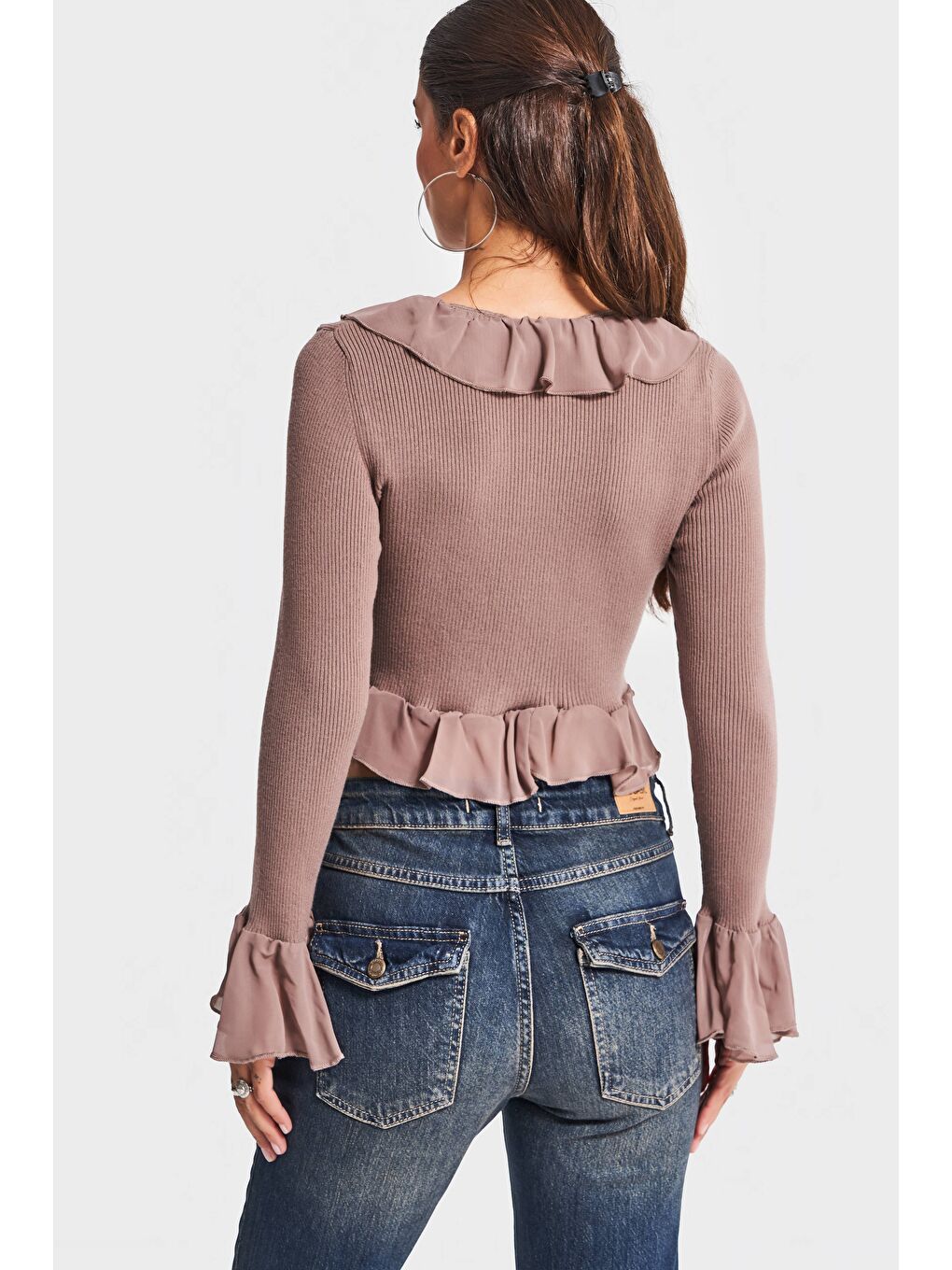 Kahverengi Kadın Taş Kahve Renk w5-82 BT25 Triko Örme Kumaş Şifon Detaylı Volanlı Hırka Bluz-2