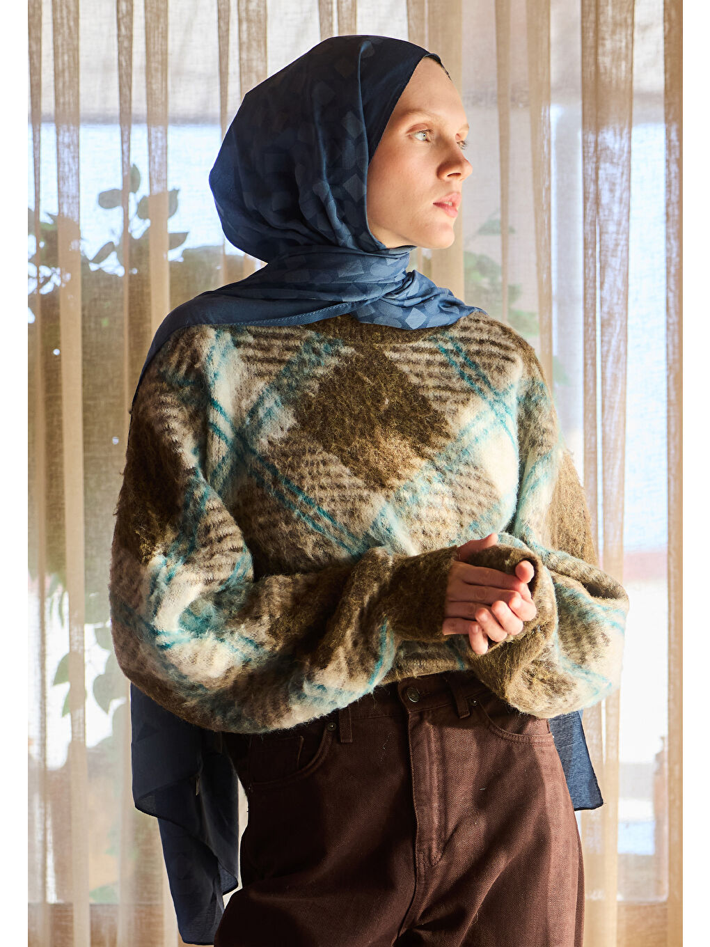 Mavi OSLO PAMUK FLOŞ JAKARLI ŞAL Jean MAVİ-4