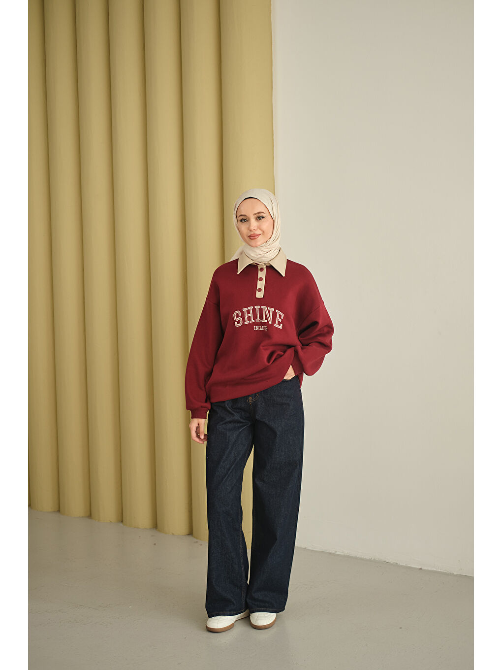 Kadın Deri Yaka Nakışlı Sweat Bordo-1