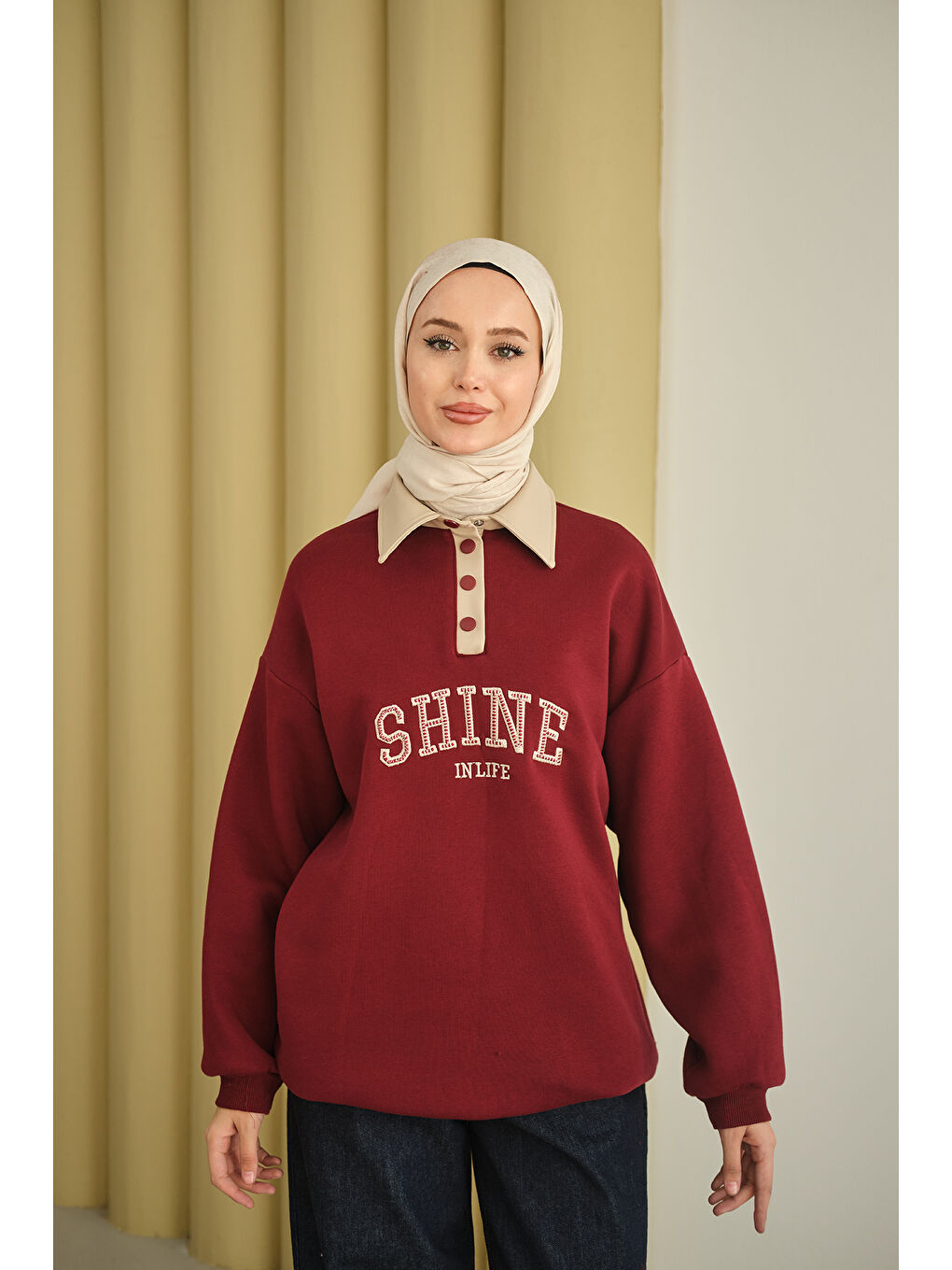 Kadın Deri Yaka Nakışlı Sweat Bordo-2