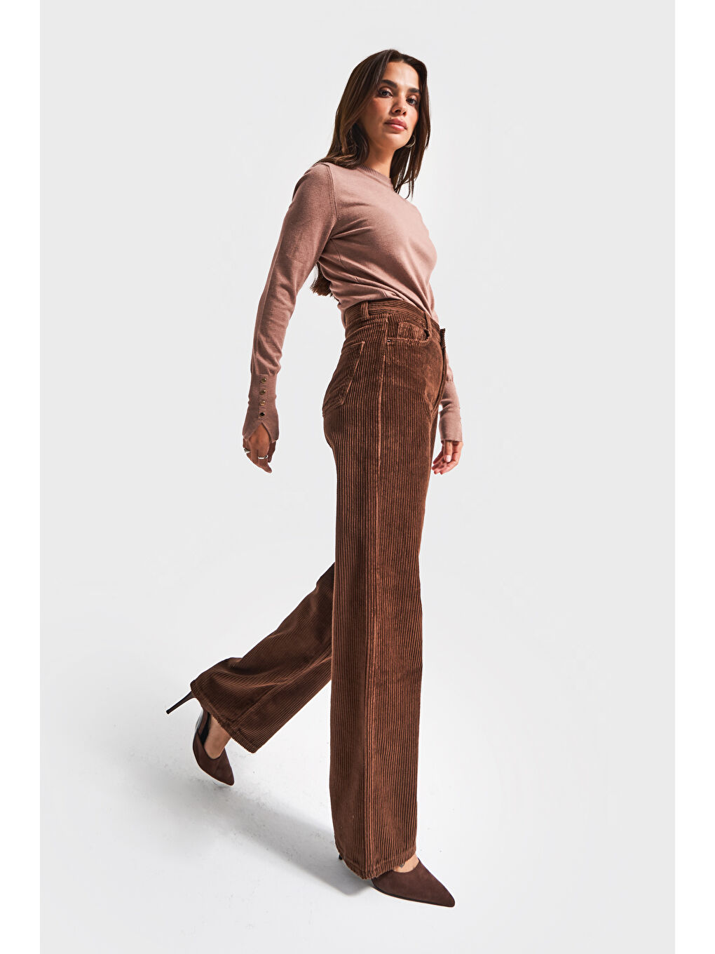Kadın Kahverengi Doris 26w5-42 Straight Fit Yüksek Bel İç Boy 80cm Kalın Fitilli Kadife Velvet Kumaş-1